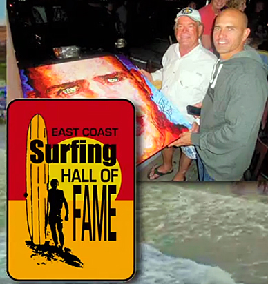 In January 2000, Rich Salick, above with fellow Space Coast Sports Hall of Famer Kelly Slater was honored for his surfing career and contributions to the sport with induction into the Surfing Hall of Fame. (Images for SpaceCoastDaily.com)